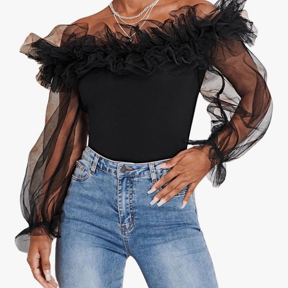 Elegant Black Ruffled Sheer Long Sleeve Bodysuit